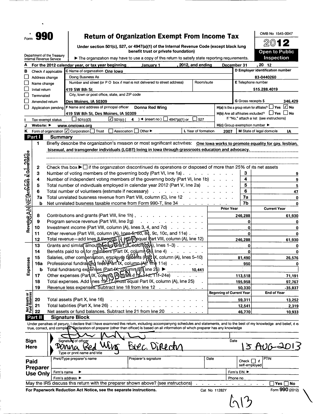 Image of first page of 2012 Form 990O for One Iowa