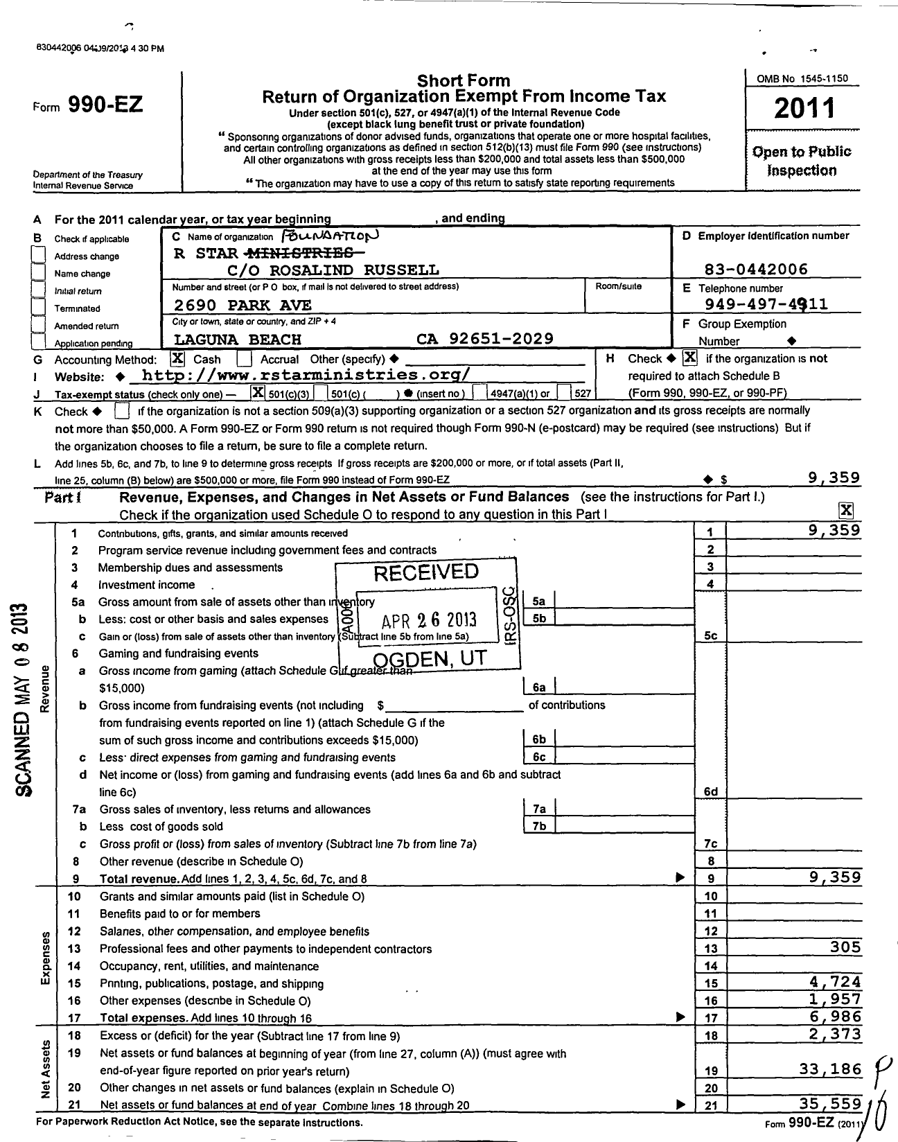 Image of first page of 2011 Form 990EZ for R Star Foundation