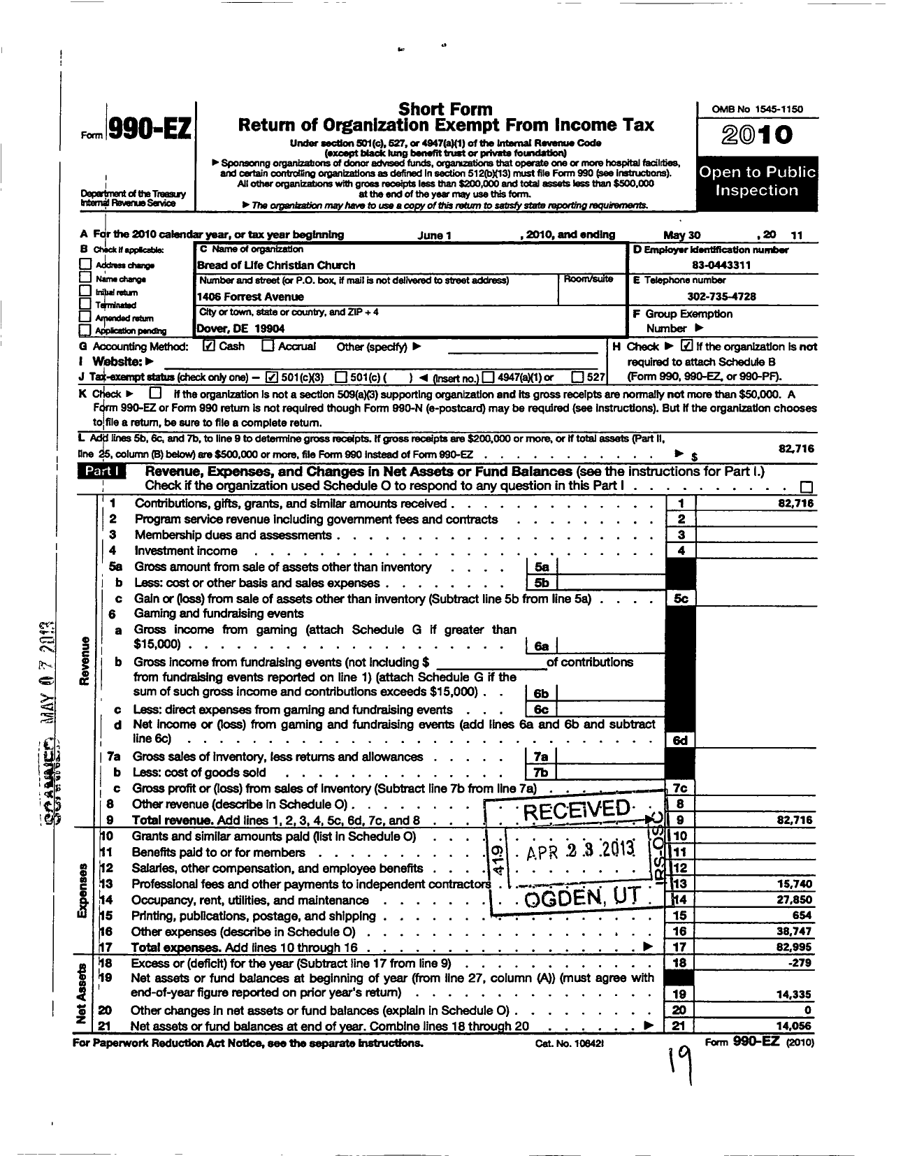 Image of first page of 2010 Form 990EZ for Bread of Life Christain Church