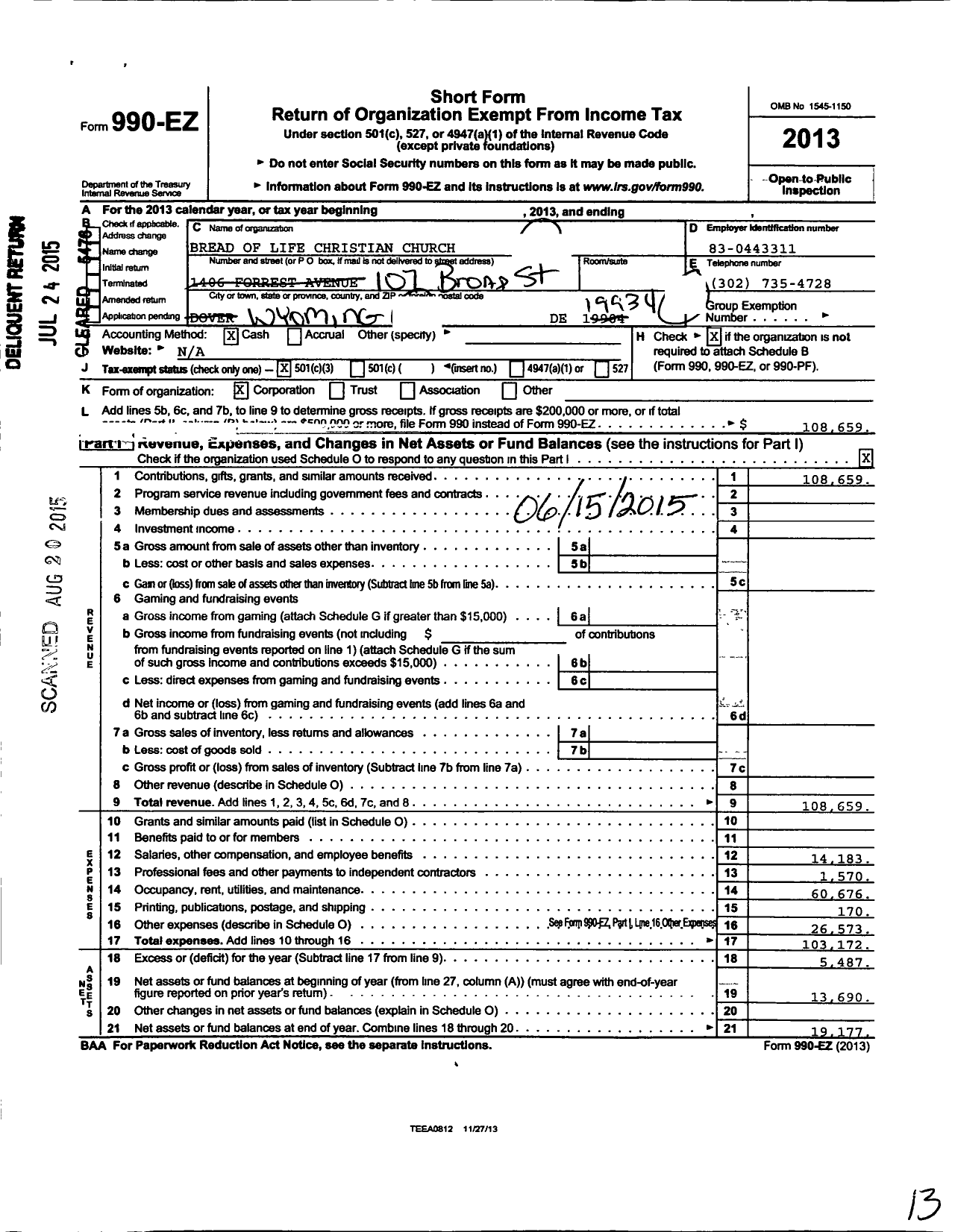 Image of first page of 2013 Form 990EZ for Bread of Life Christain Church