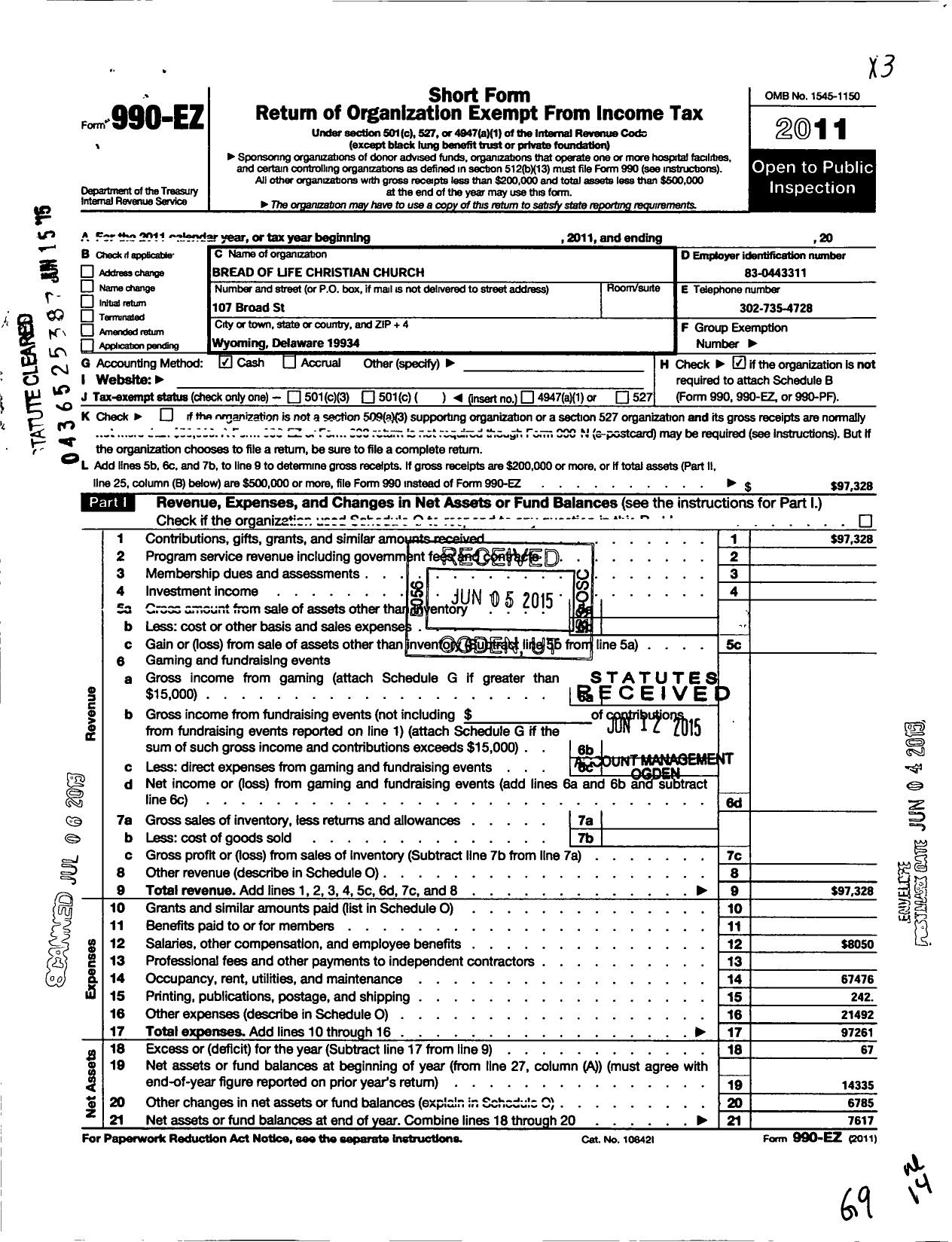 Image of first page of 2011 Form 990EO for Bread of Life Christain Church