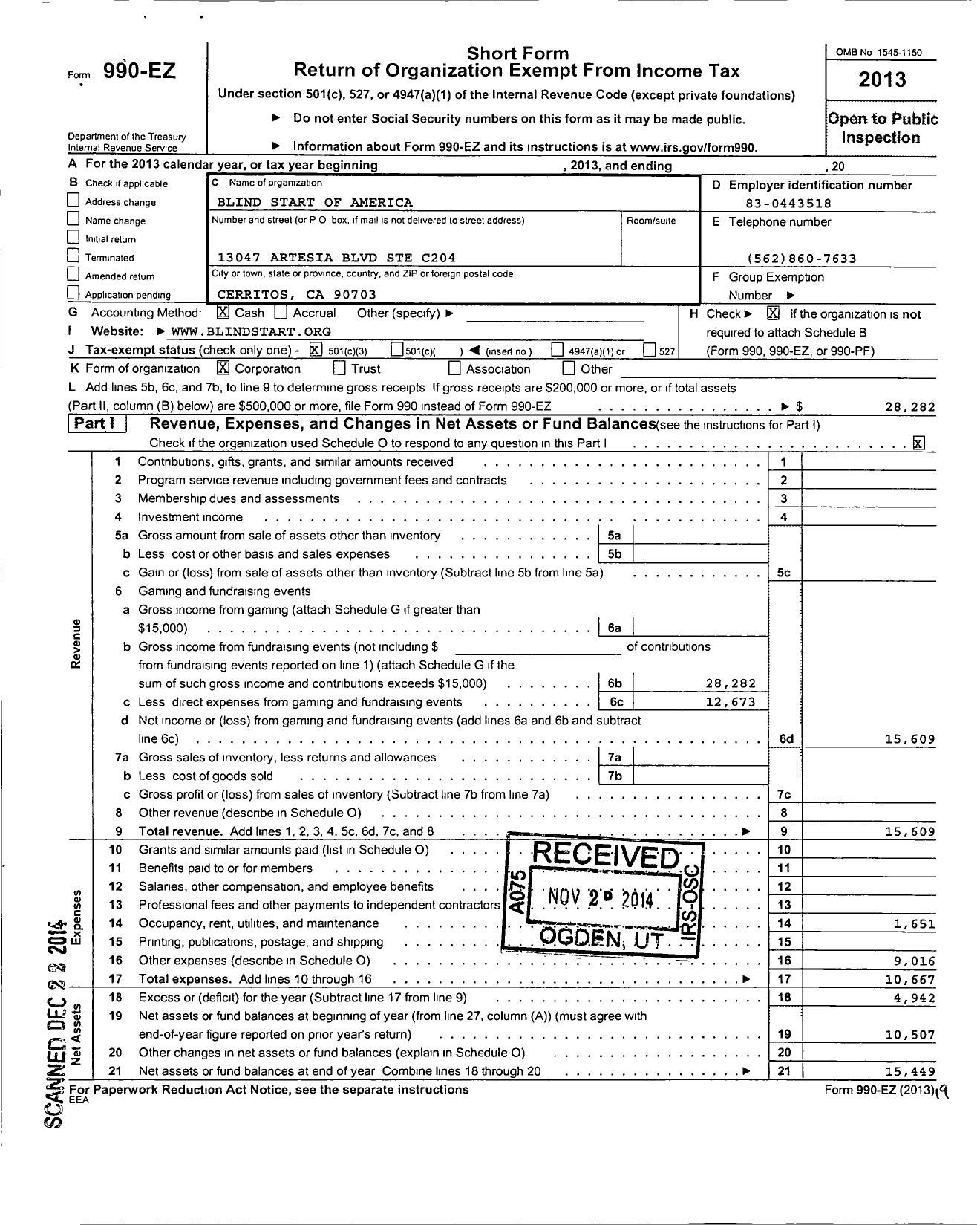 Image of first page of 2013 Form 990EZ for Blind Start of America