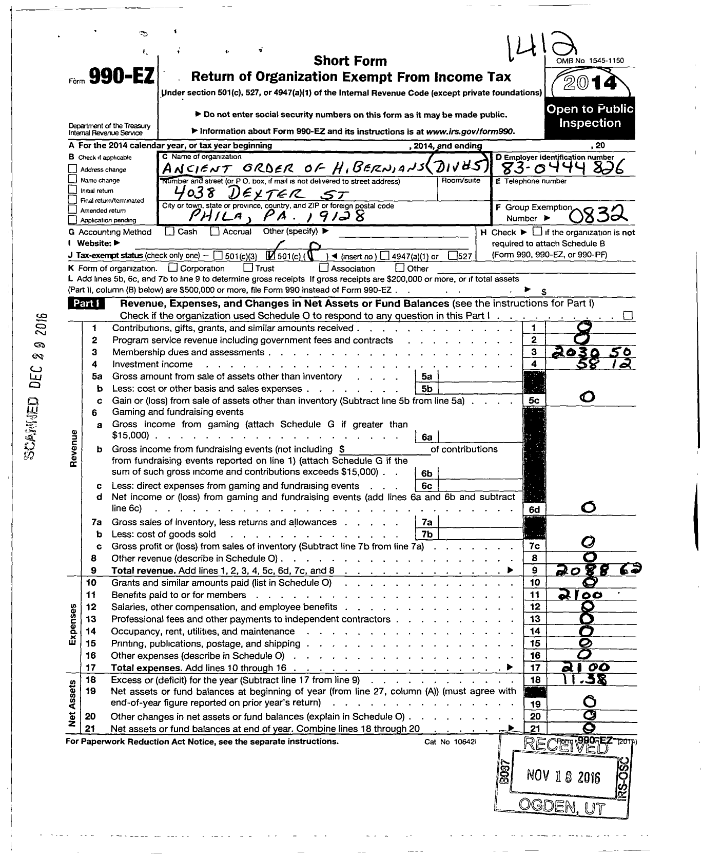 Image of first page of 2014 Form 990EO for Ancient Order of Hibernians in America - 36 PH 5