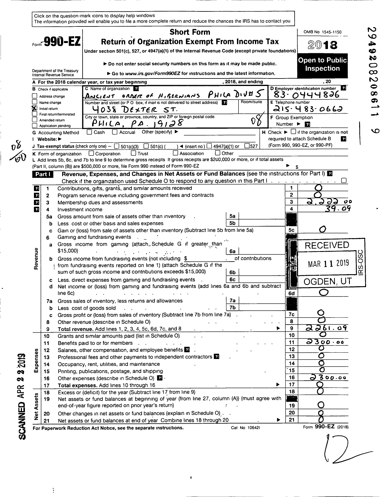 Image of first page of 2018 Form 990EO for Ancient Order of Hibernians in America - 36 PH 5