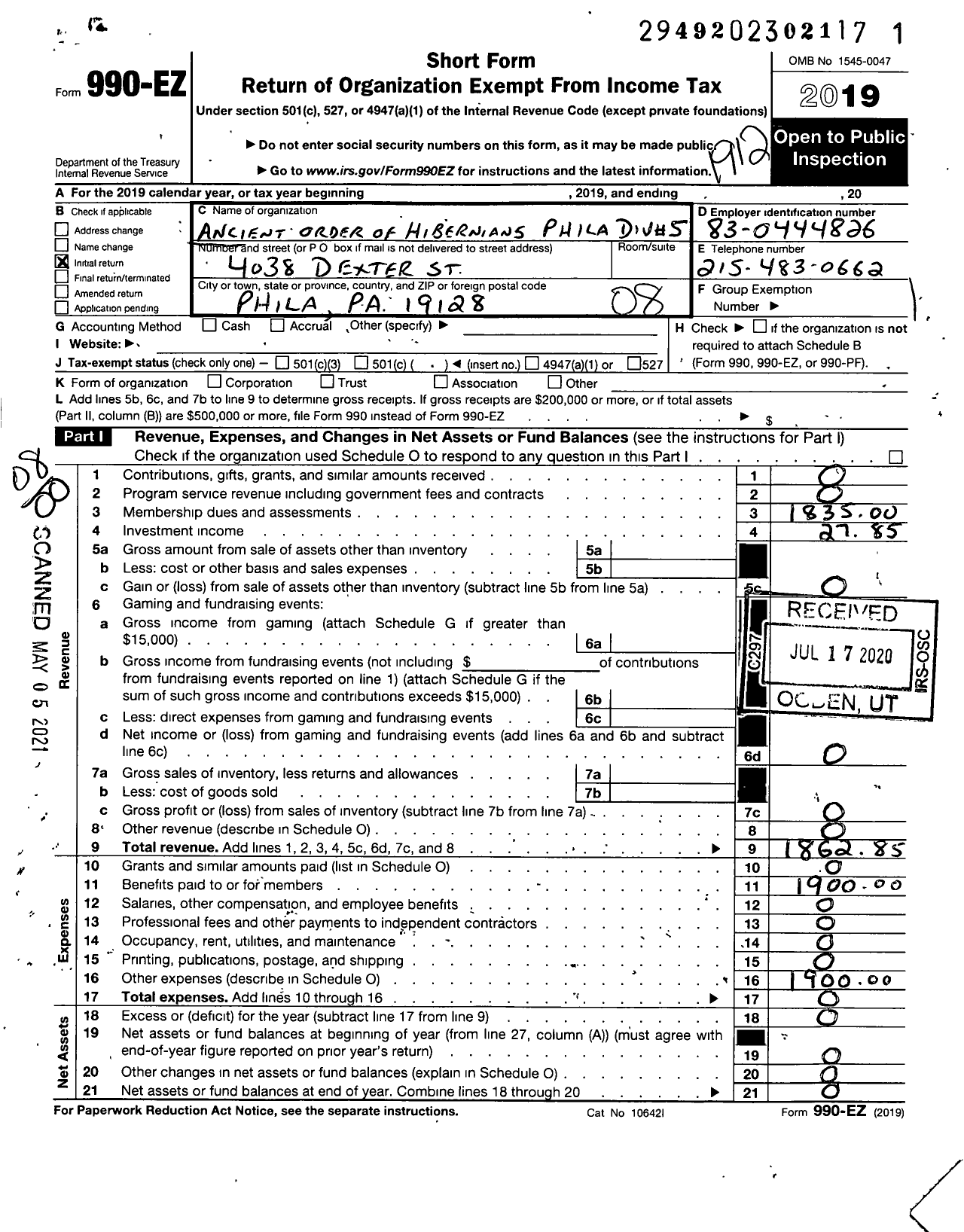 Image of first page of 2019 Form 990EO for Ancient Order of Hibernians in America - 36 PH 5