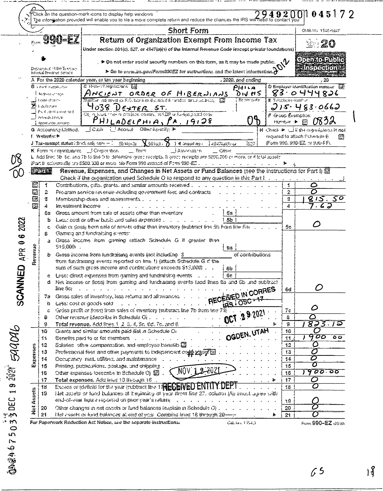 Image of first page of 2020 Form 990EO for Ancient Order of Hibernians in America - 36 PH 5