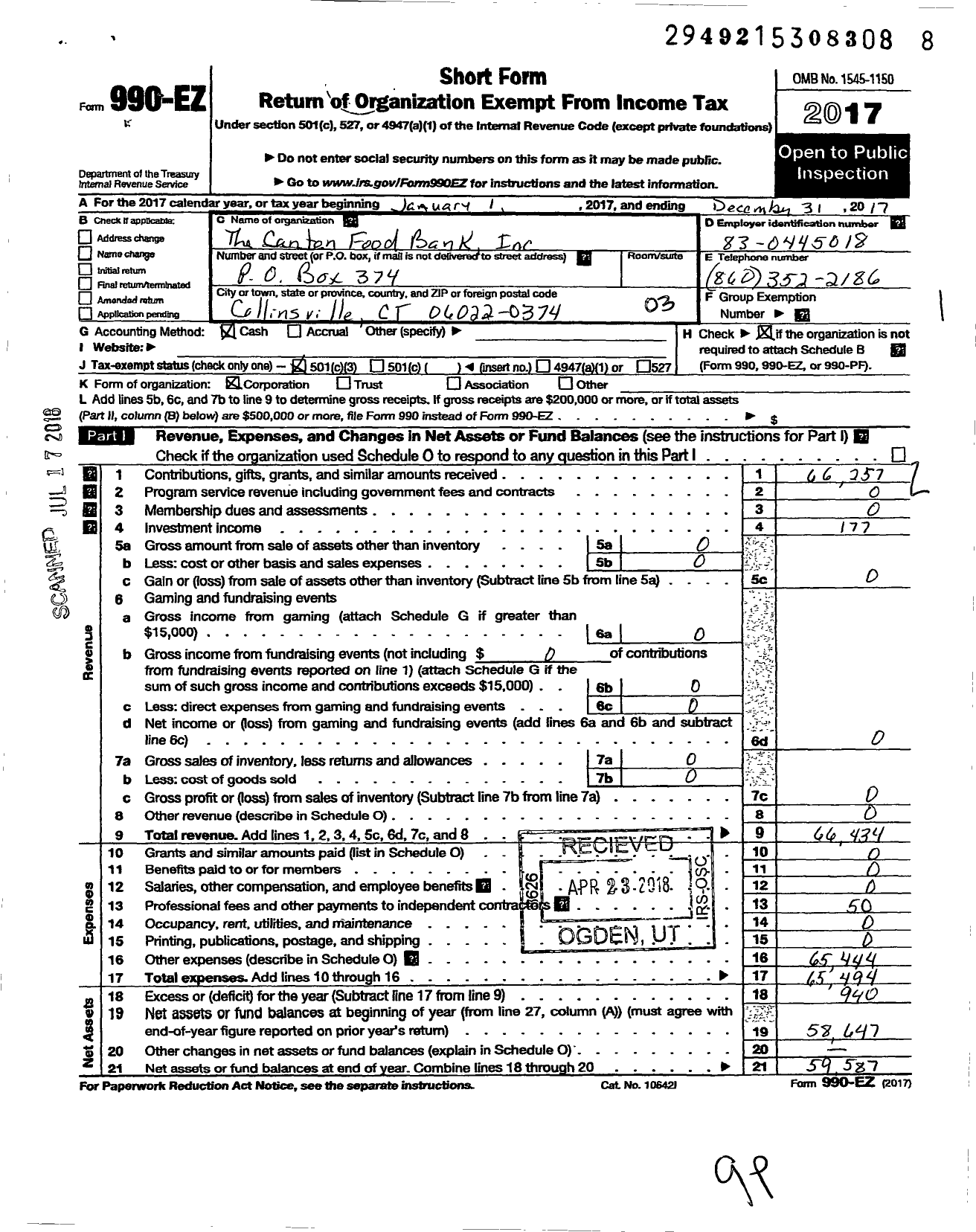 Image of first page of 2017 Form 990EZ for Canton Food Bank