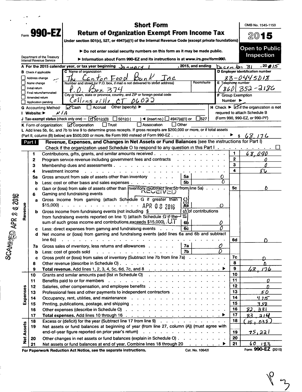 Image of first page of 2015 Form 990EZ for Canton Food Bank