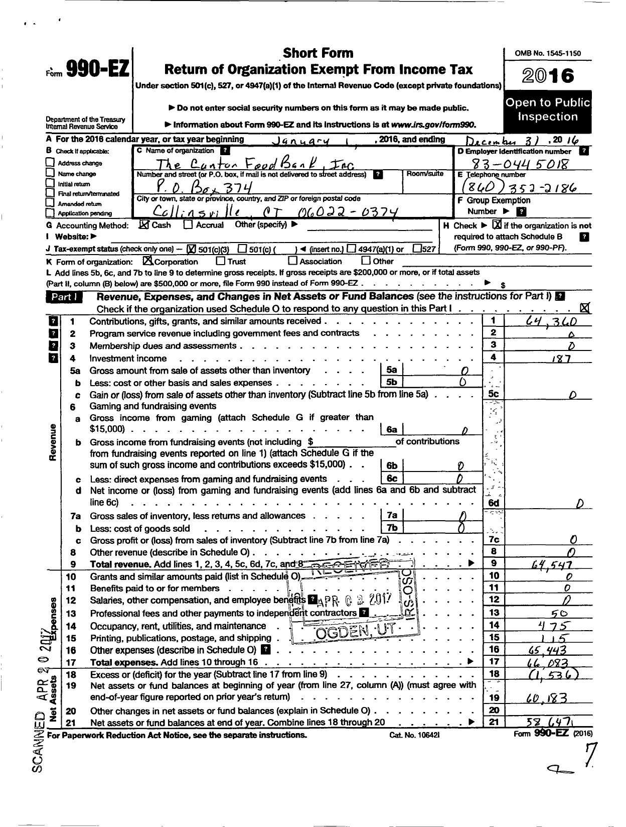 Image of first page of 2016 Form 990EZ for Canton Food Bank