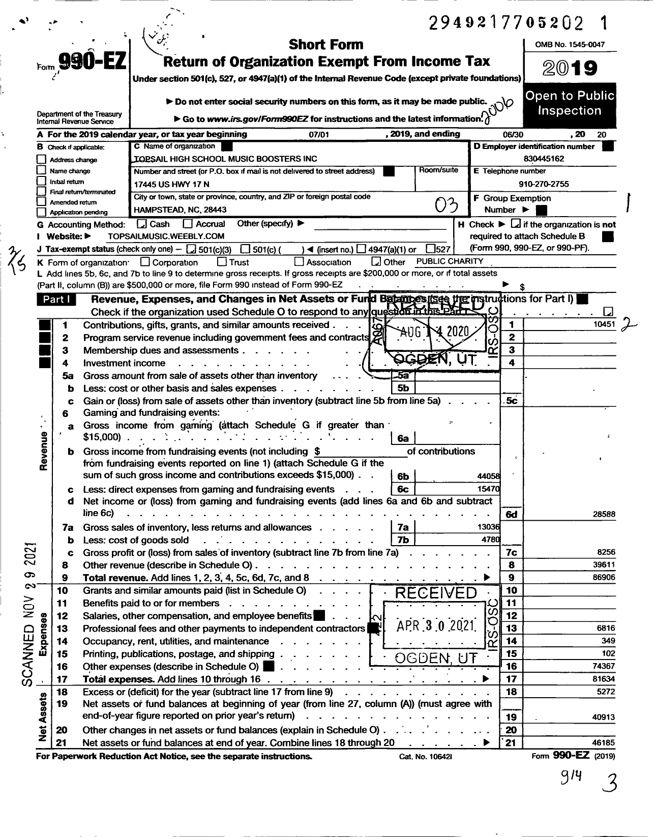 Image of first page of 2019 Form 990EZ for Topsail High School Music Boosters