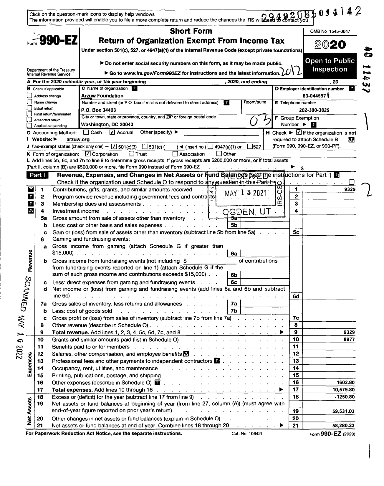 Image of first page of 2020 Form 990EZ for Arzuw Foundation