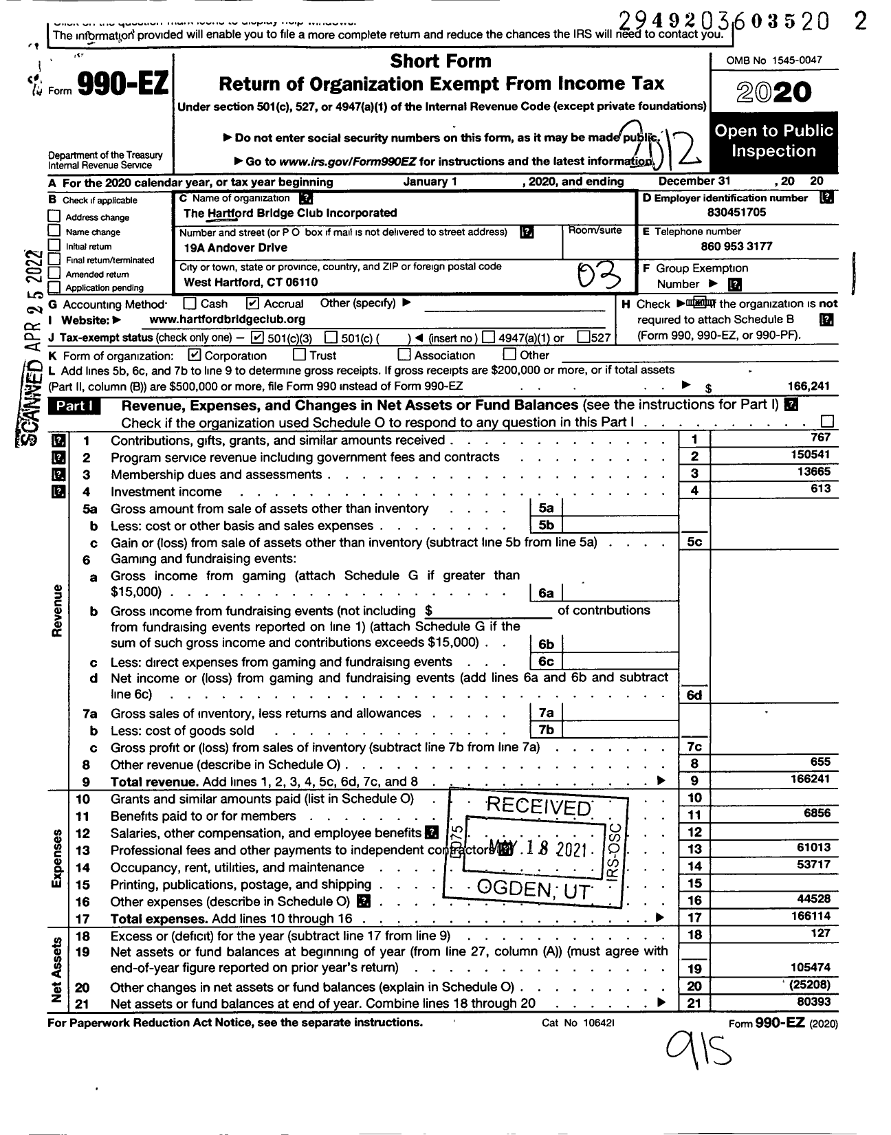 Image of first page of 2020 Form 990EZ for Hartford Bridge Club