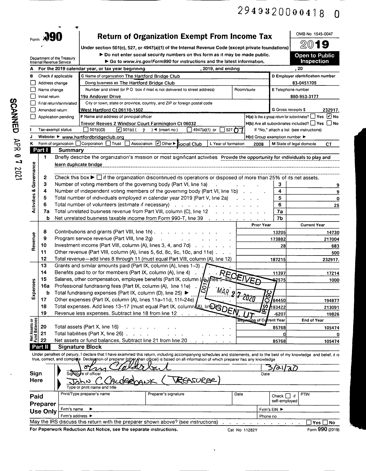 Image of first page of 2019 Form 990O for Hartford Bridge Club