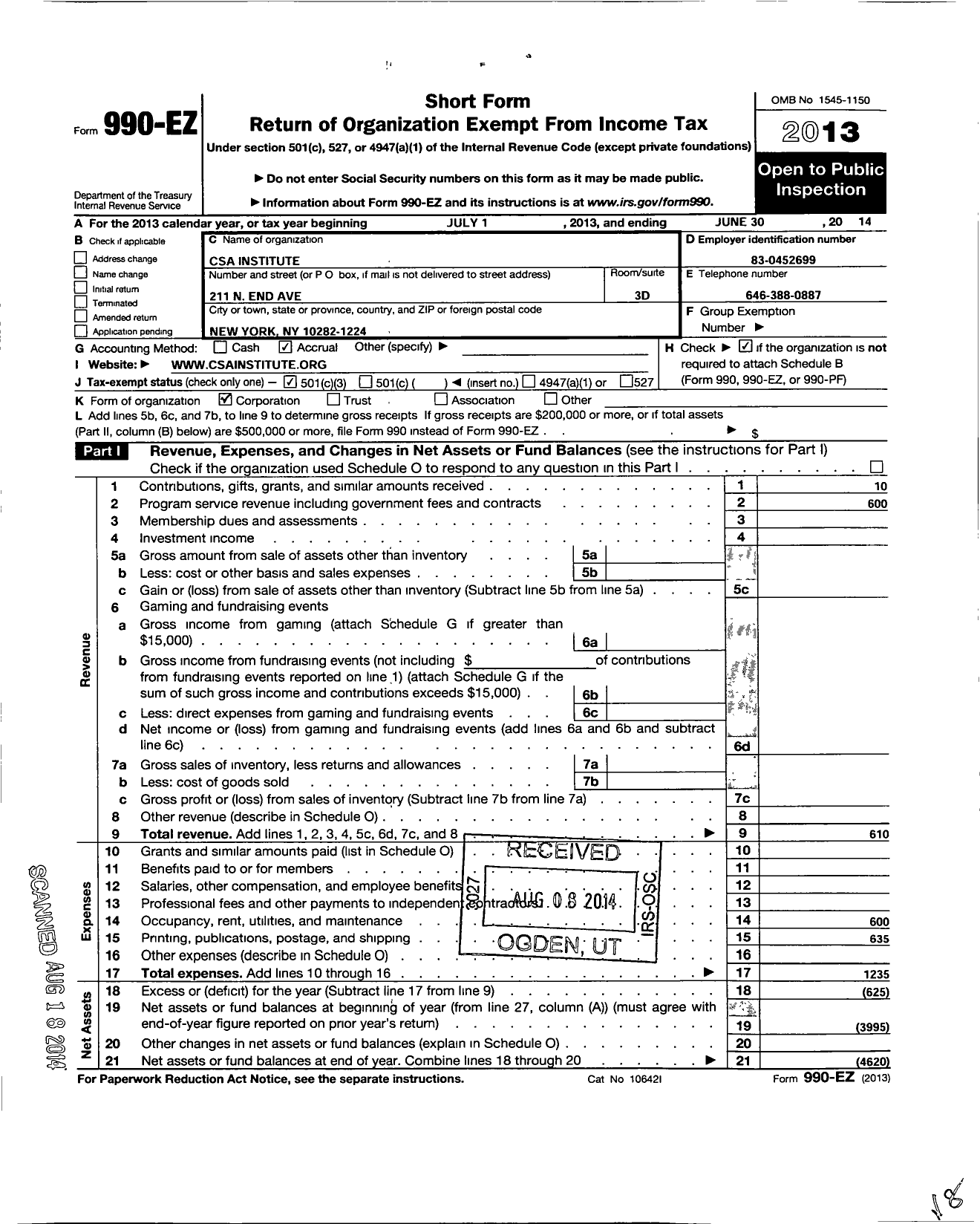 Image of first page of 2013 Form 990EZ for Csa Institute