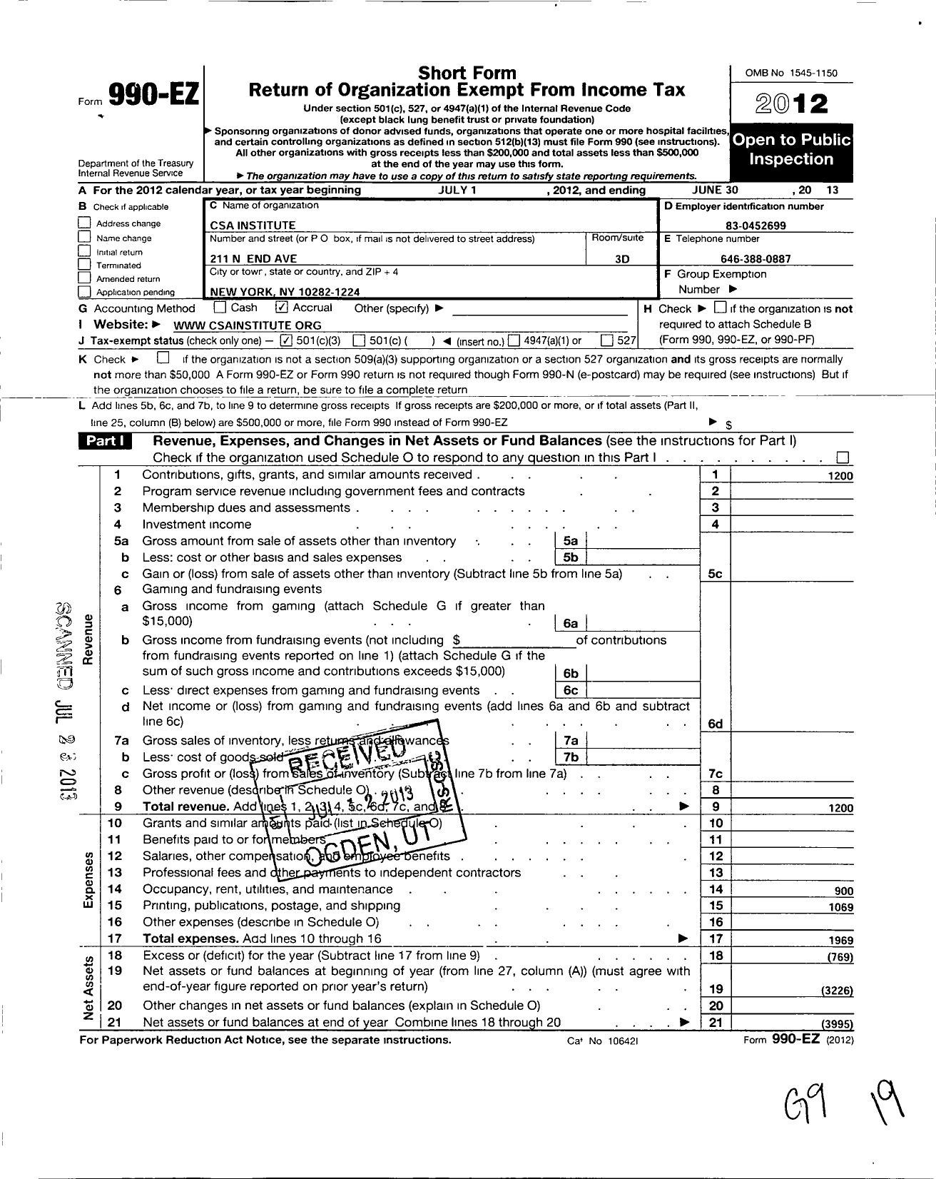 Image of first page of 2012 Form 990EZ for Csa Institute