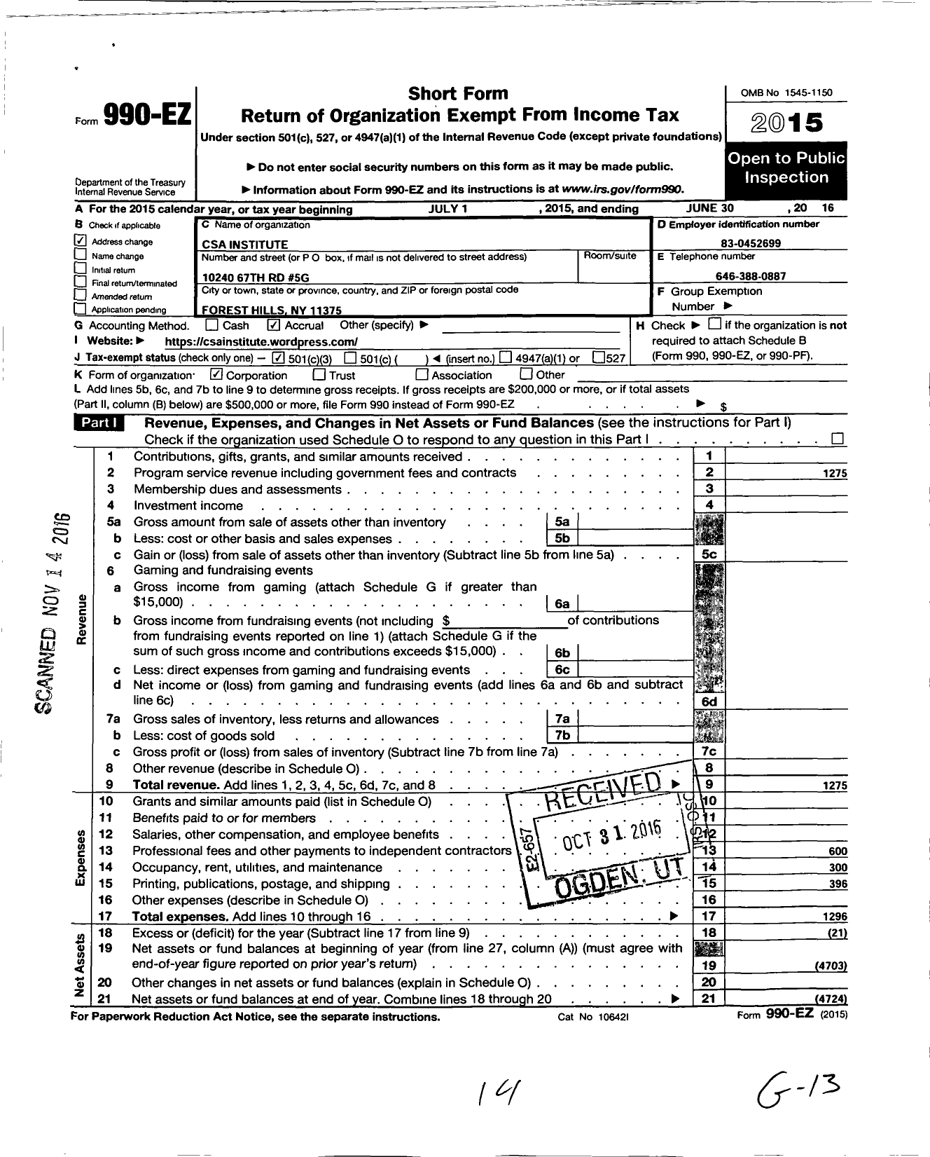 Image of first page of 2015 Form 990EZ for Csa Institute