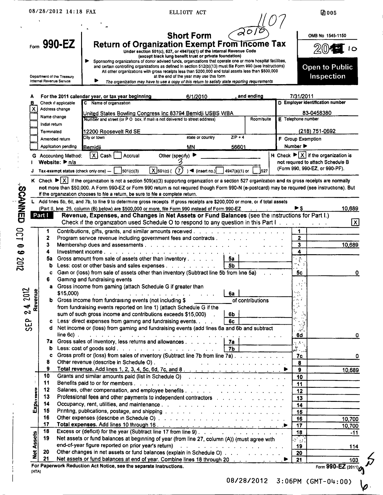 Image of first page of 2010 Form 990EZ for United States Bowling Congress - 83794 Bemidji Usbc Wba