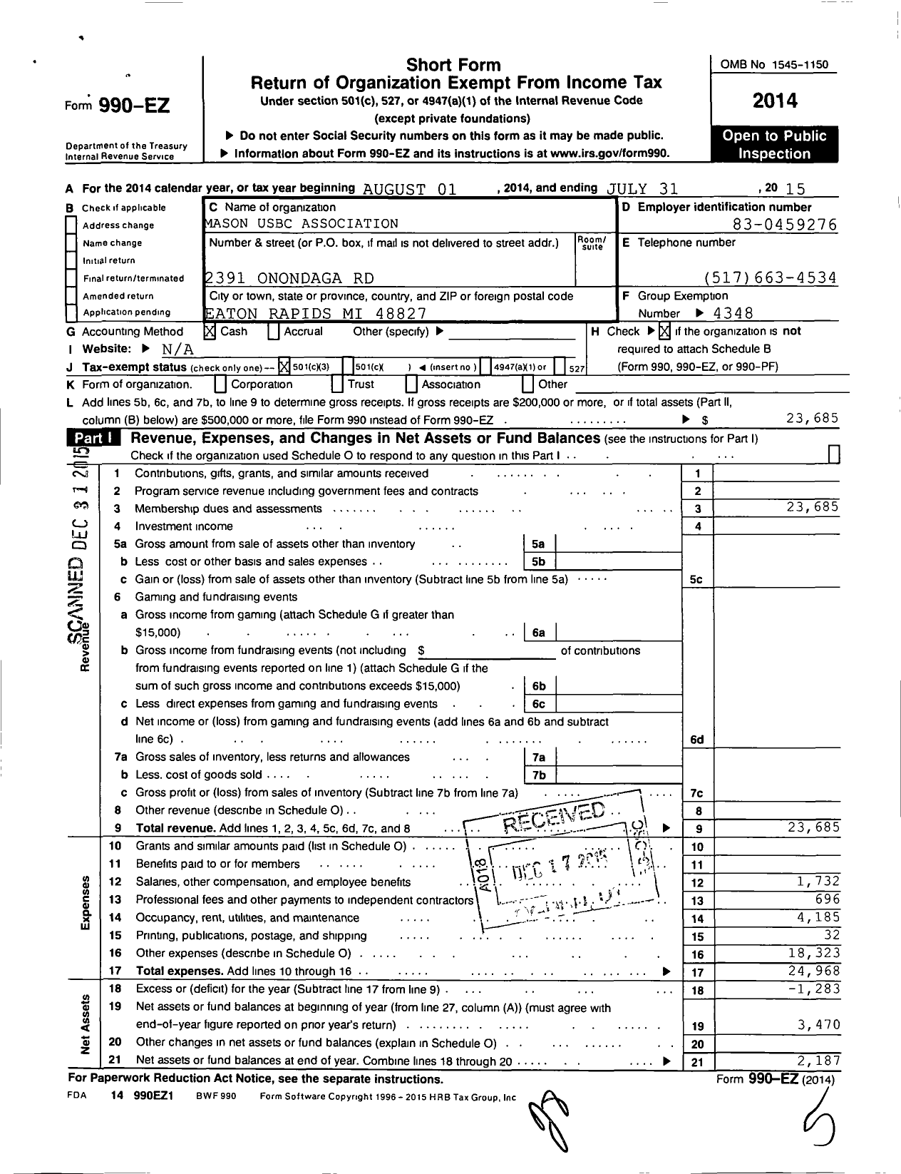 Image of first page of 2014 Form 990EZ for United States Bowling Congress - 81465 Mason Usbc