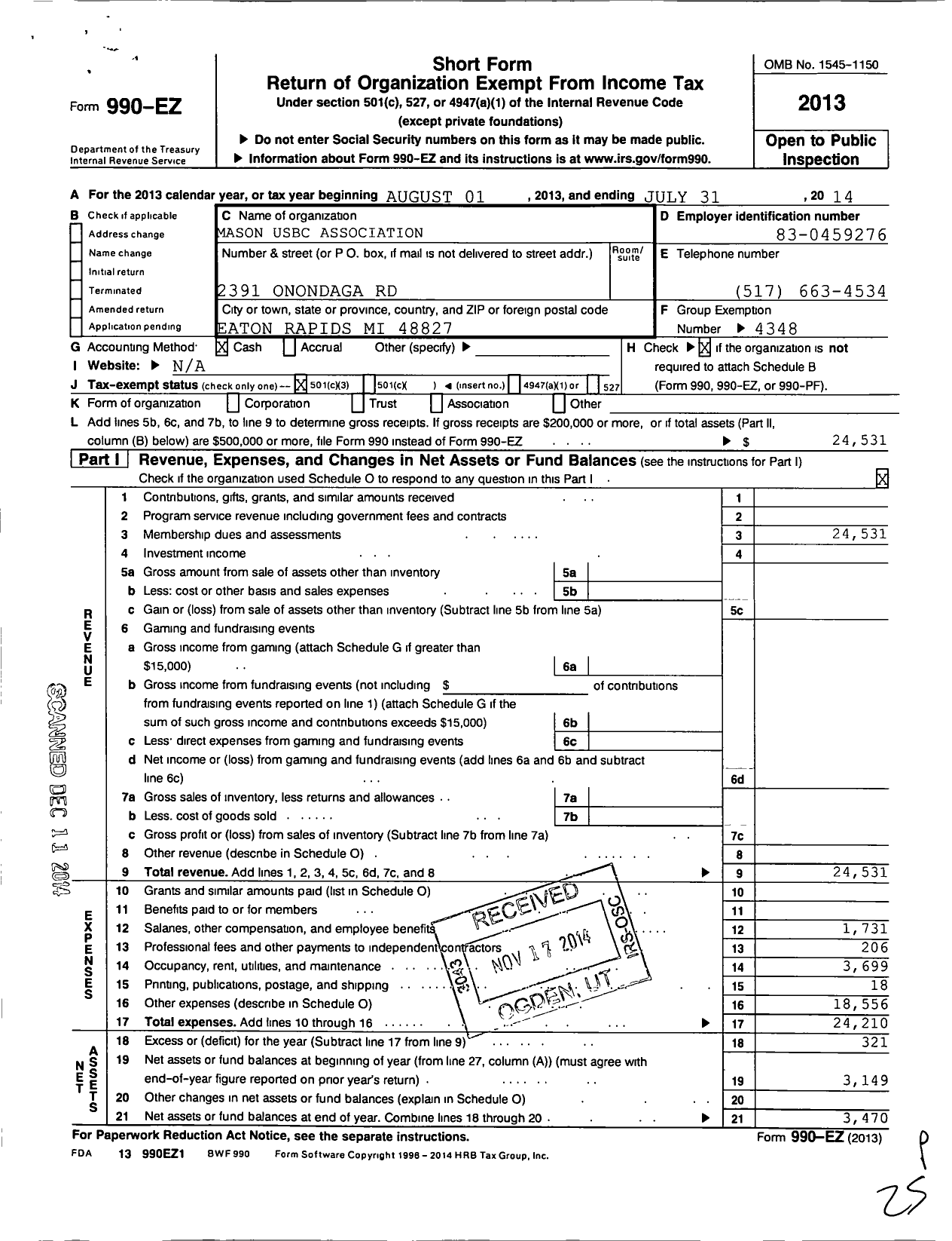 Image of first page of 2013 Form 990EZ for United States Bowling Congress - 81465 Mason Usbc