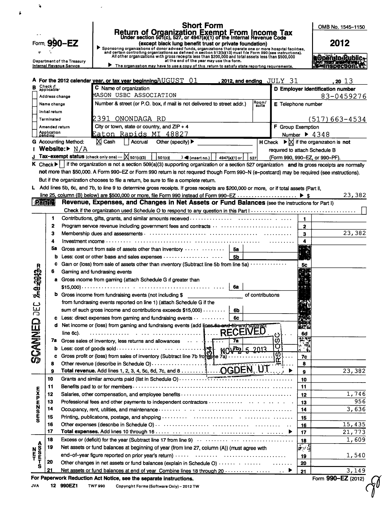 Image of first page of 2012 Form 990EZ for United States Bowling Congress - 81465 Mason Usbc