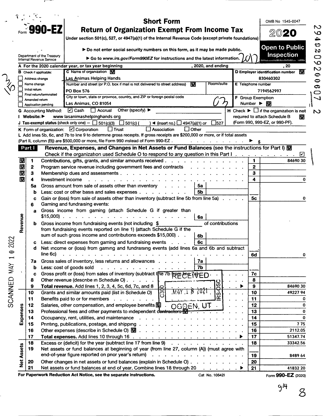 Image of first page of 2020 Form 990EZ for Las Animas Helping Hands