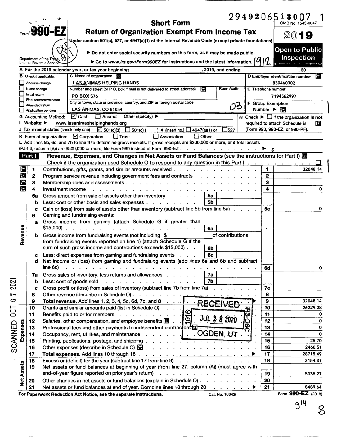 Image of first page of 2019 Form 990EZ for Las Animas Helping Hands