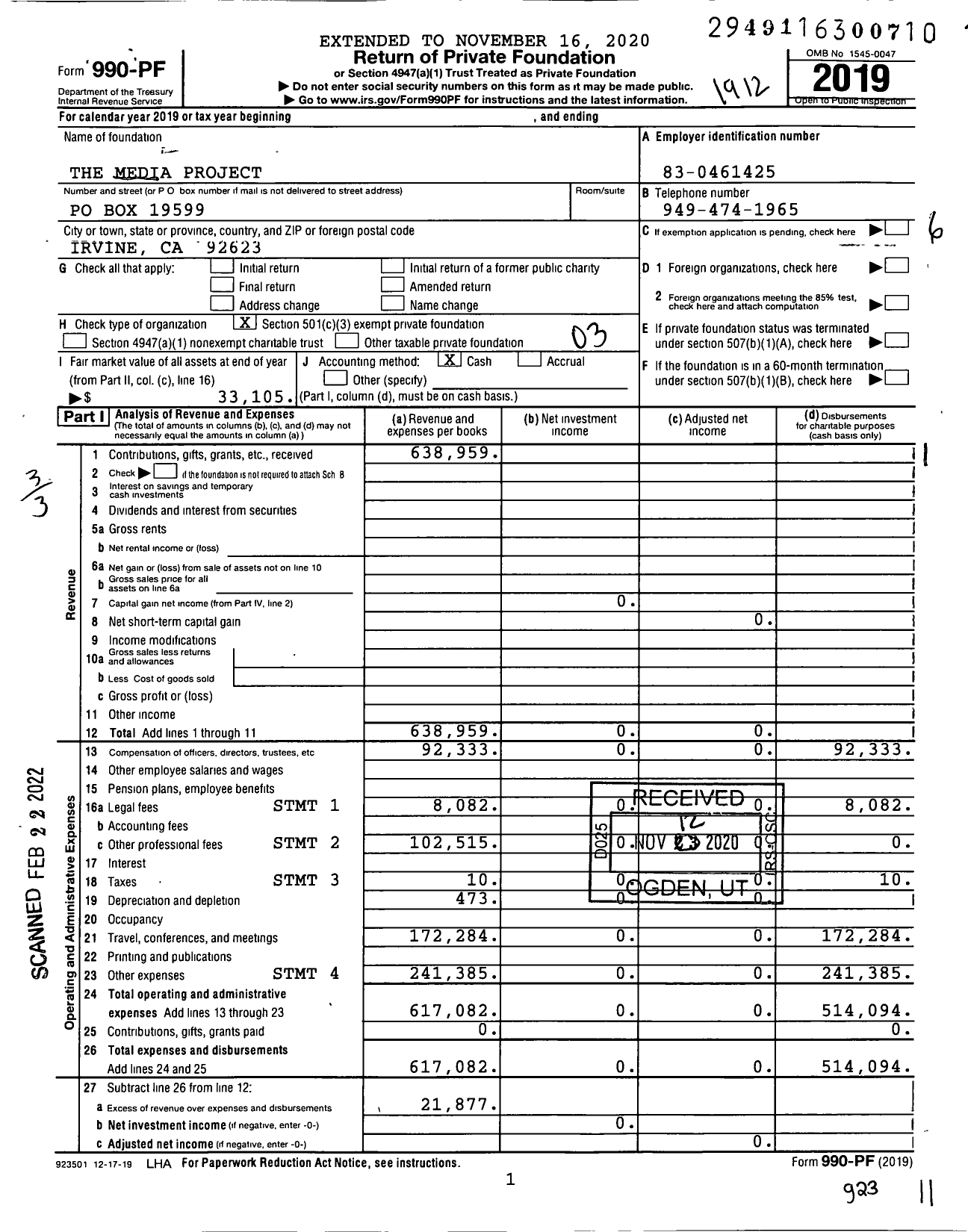 Image of first page of 2019 Form 990PF for The Media Project