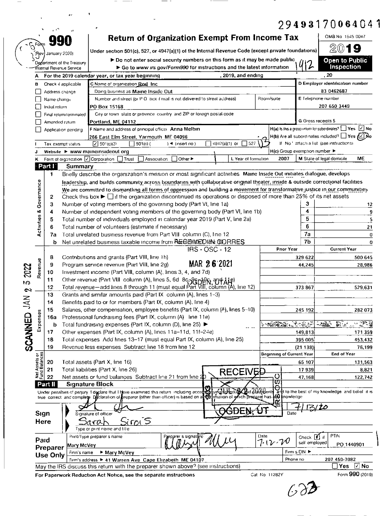 Image of first page of 2019 Form 990 for Maine Inside Out
