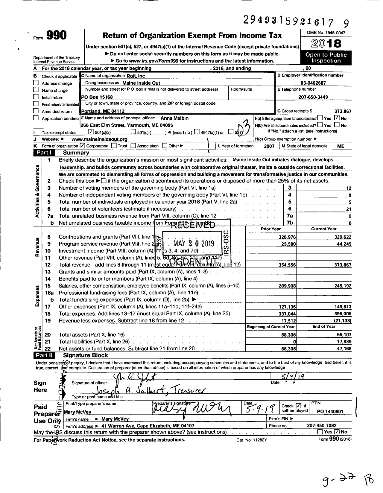 Image of first page of 2018 Form 990 for Maine Inside Out