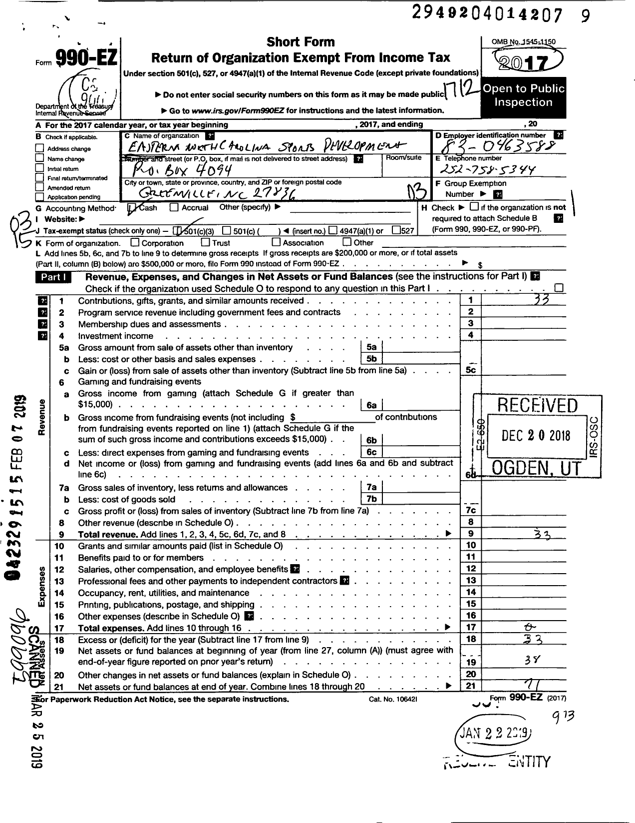 Image of first page of 2017 Form 990EZ for Eastern North Carolina Sports Development