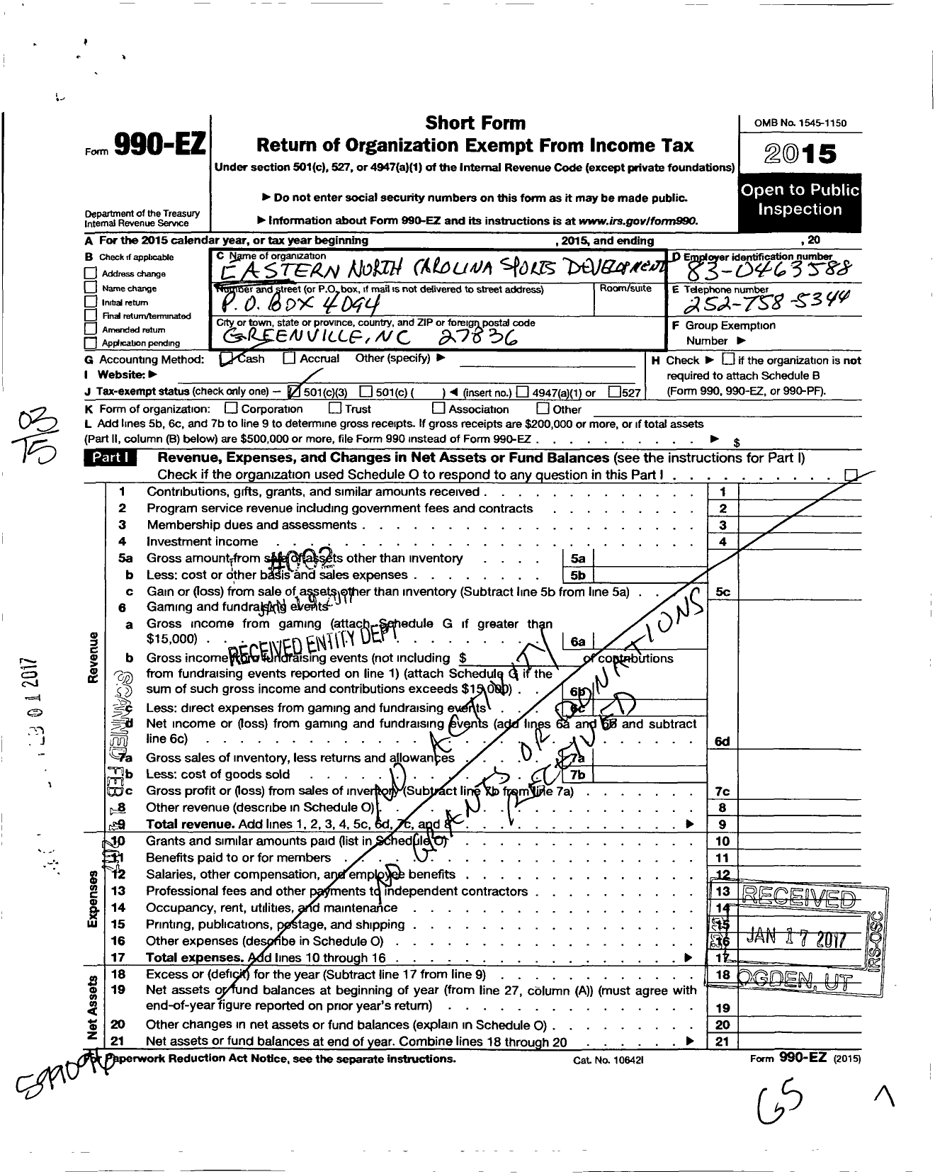 Image of first page of 2015 Form 990EZ for Eastern North Carolina Sports Development