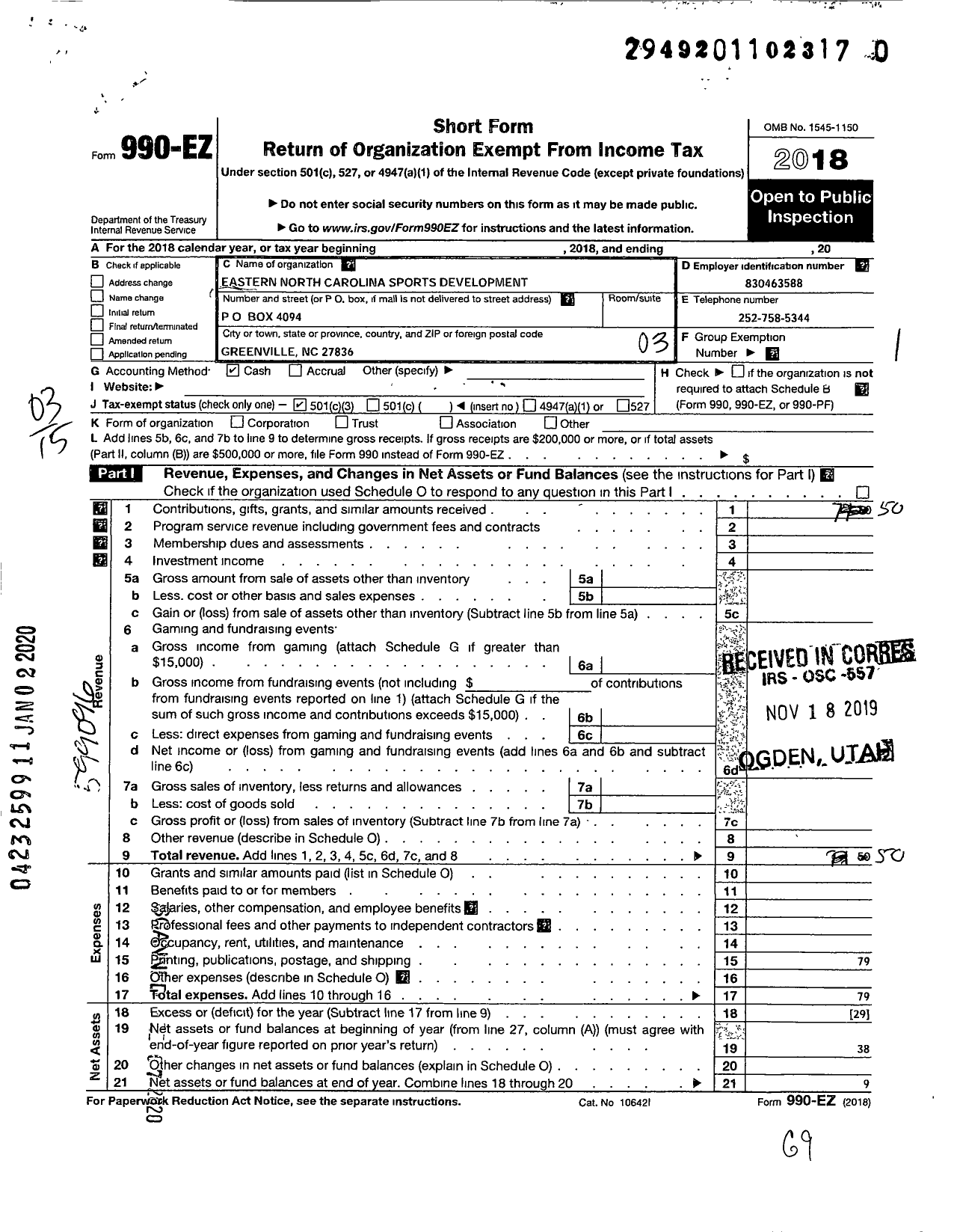 Image of first page of 2018 Form 990EZ for Eastern North Carolina Sports Development