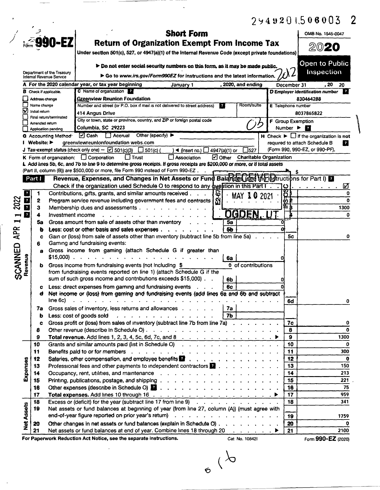 Image of first page of 2020 Form 990EZ for Greenview Reunion Foundation