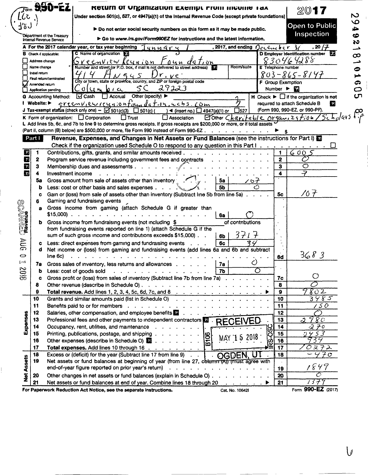 Image of first page of 2017 Form 990EZ for Greenview Reunion Foundation