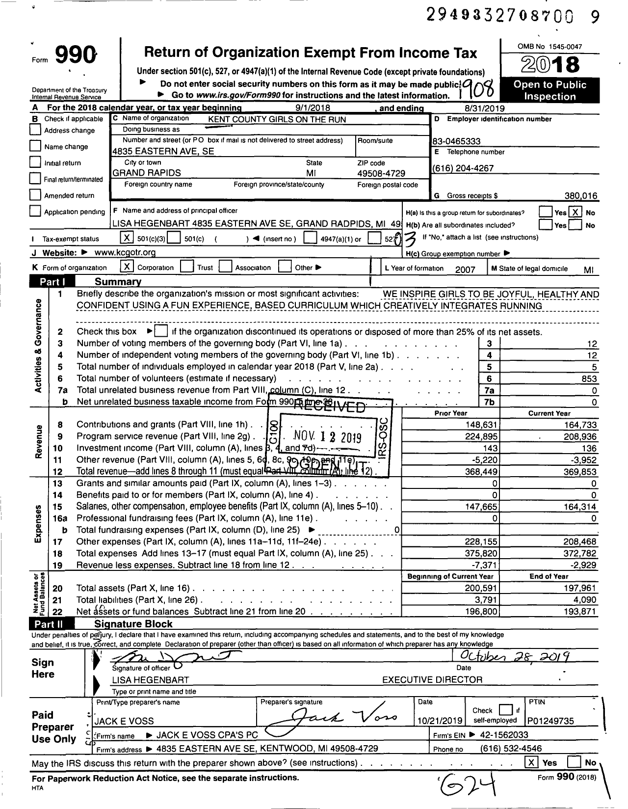 Image of first page of 2018 Form 990 for Girls on the Run West Michigan