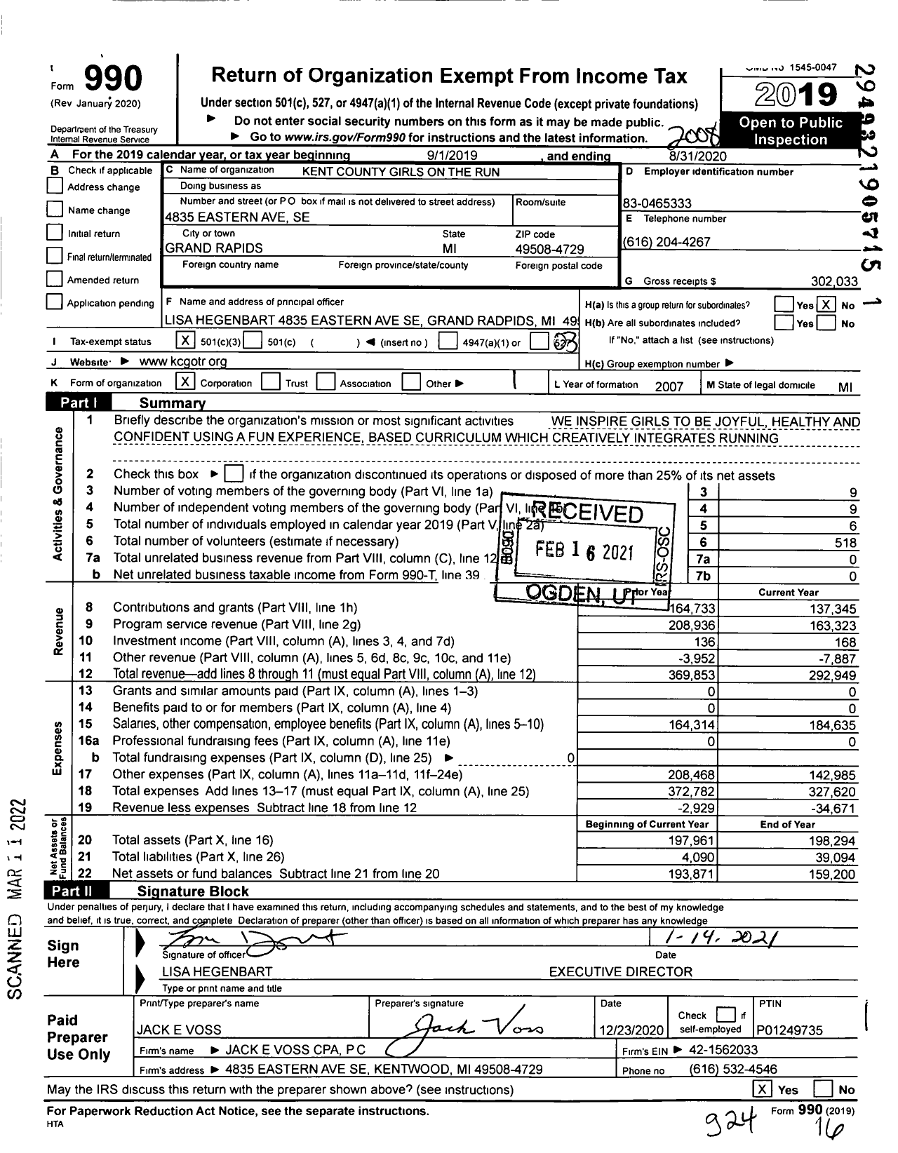 Image of first page of 2019 Form 990 for Girls on the Run West Michigan