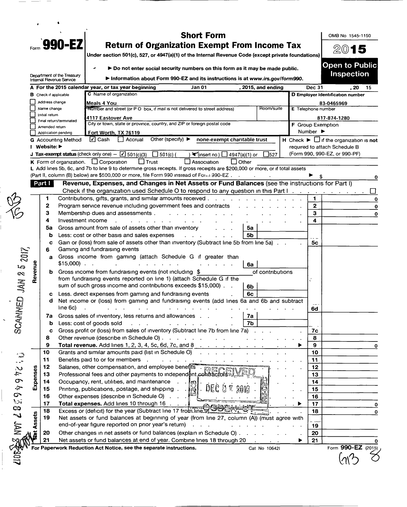 Image of first page of 2015 Form 990EZ for Meals 4 You