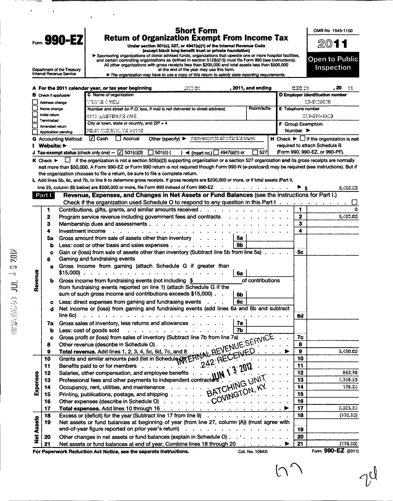 Image of first page of 2011 Form 990EZ for Meals 4 You