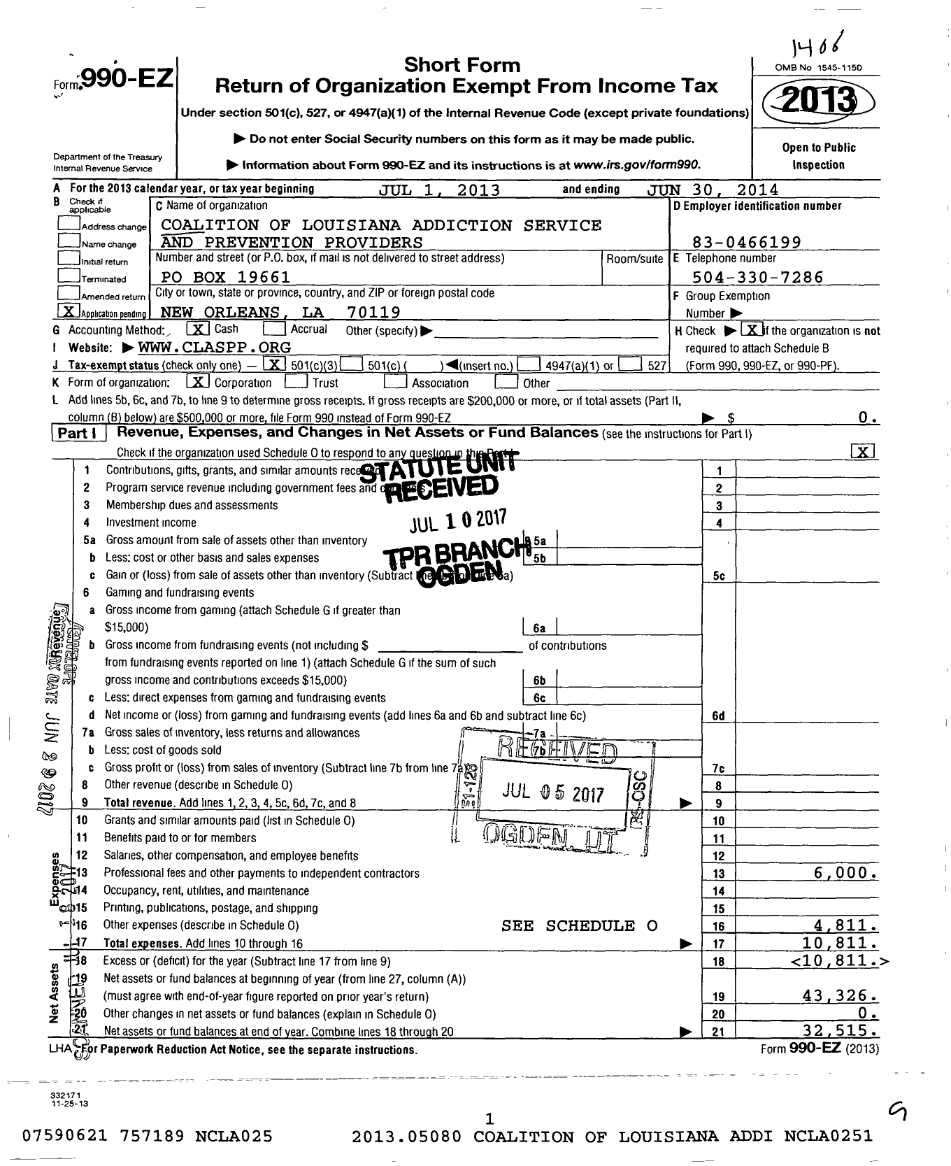 Image of first page of 2013 Form 990EZ for Coalition of Louisiana Addiction Service and Prevention Providers