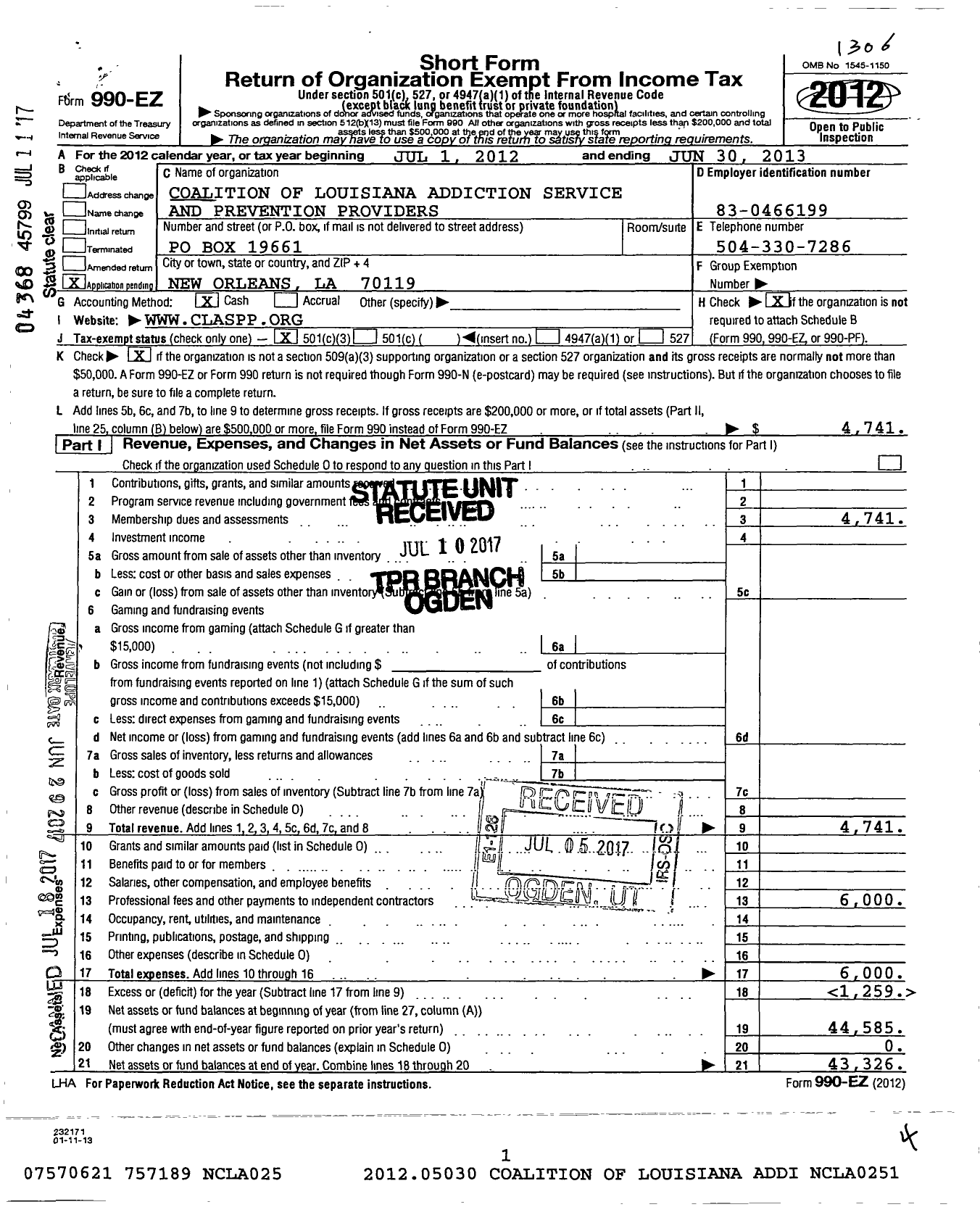 Image of first page of 2012 Form 990EZ for Coalition of Louisiana Addiction Service and Prevention Providers