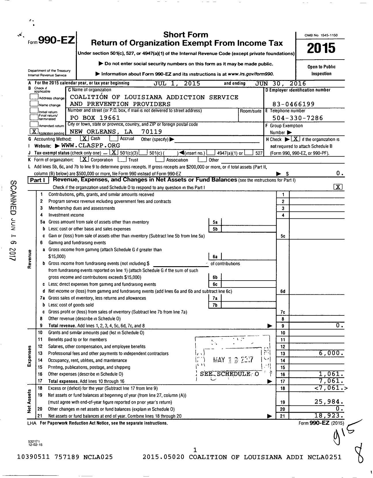 Image of first page of 2015 Form 990EZ for Coalition of Louisiana Addiction Service and Prevention Providers