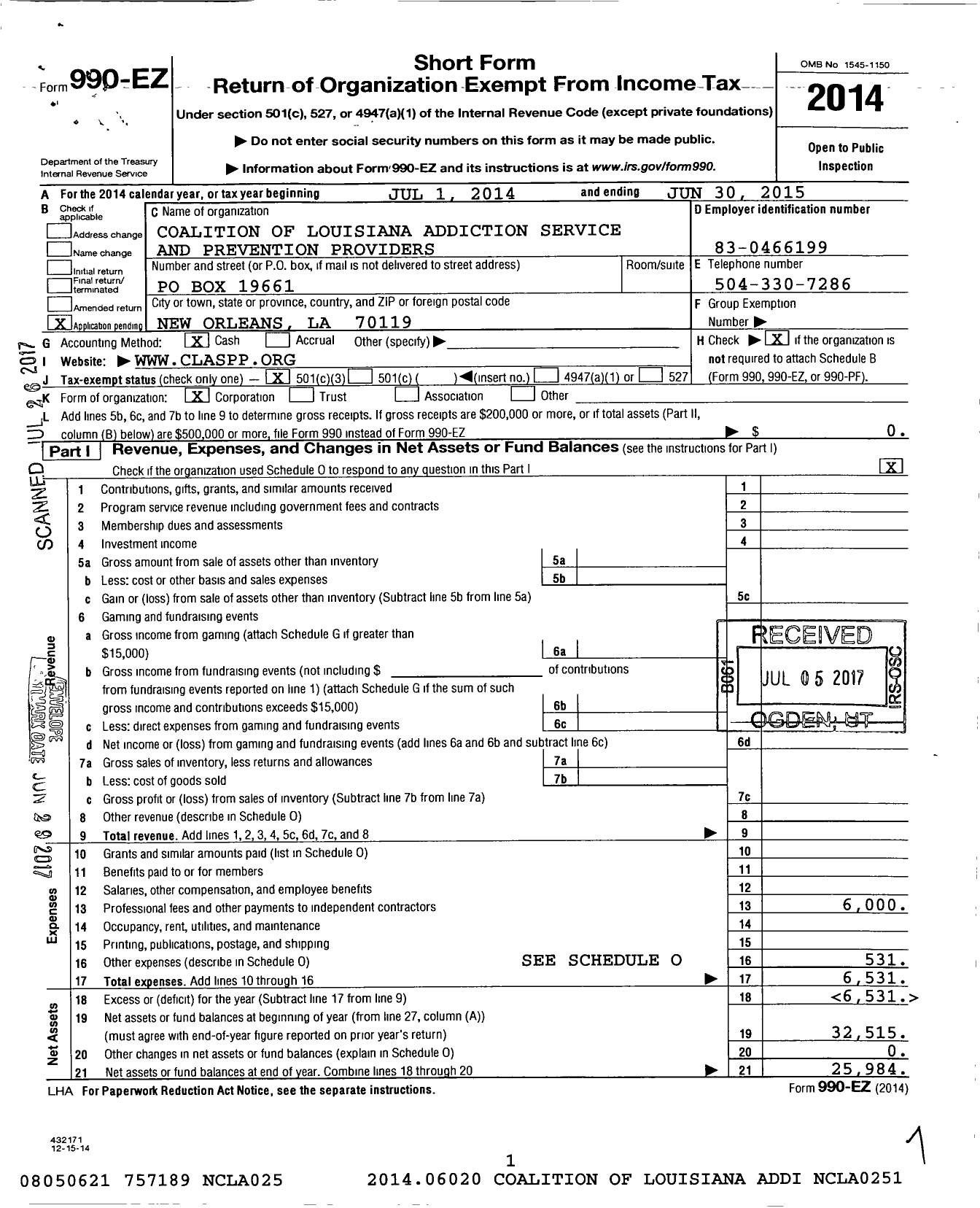 Image of first page of 2014 Form 990EZ for Coalition of Louisiana Addiction Service and Prevention Providers