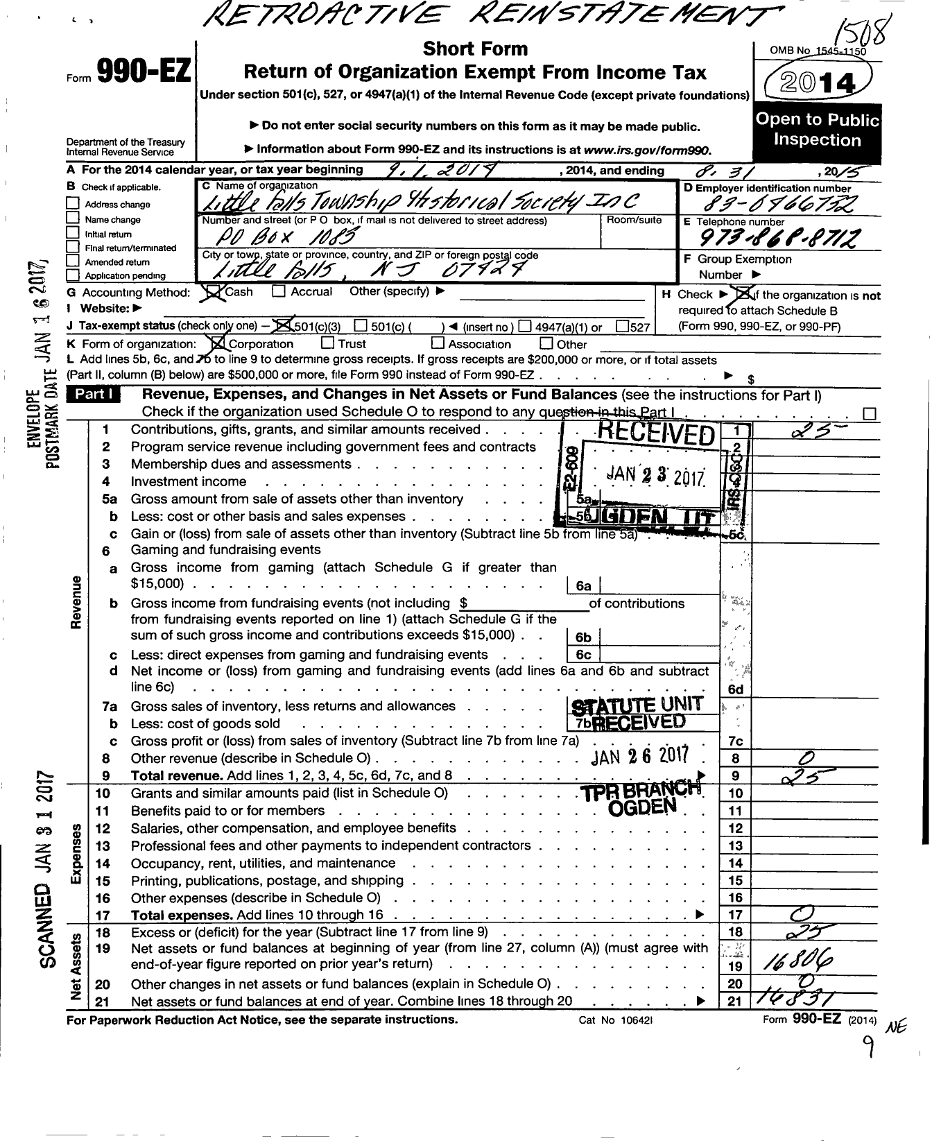 Image of first page of 2014 Form 990EZ for Little Falls Township Historical Society