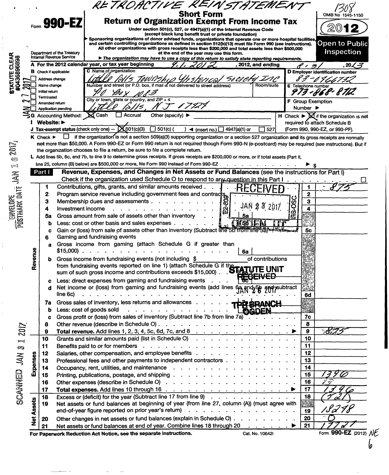 Image of first page of 2012 Form 990EZ for Little Falls Township Historical Society