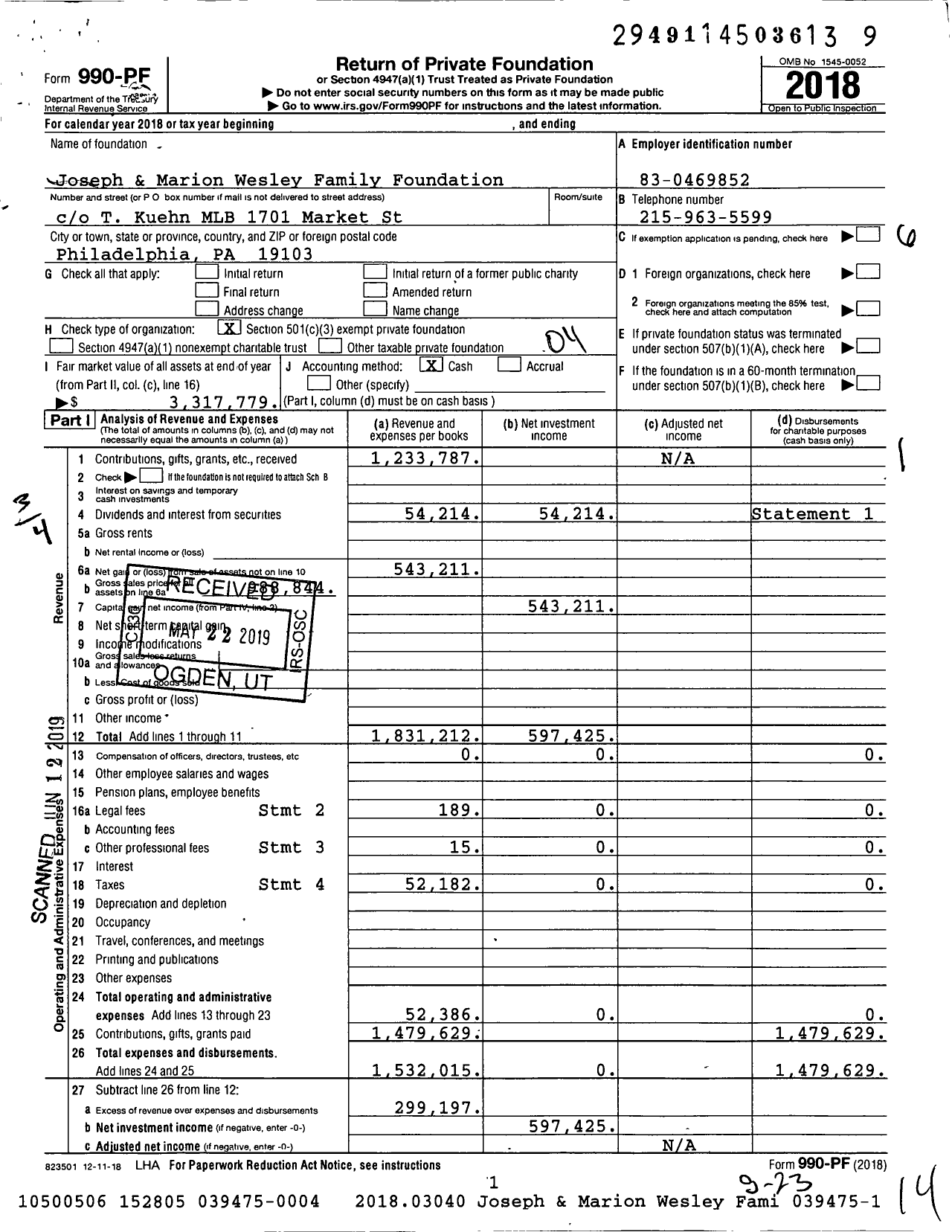 Image of first page of 2018 Form 990PF for Wesley Joseph & Marion Family Foundation
