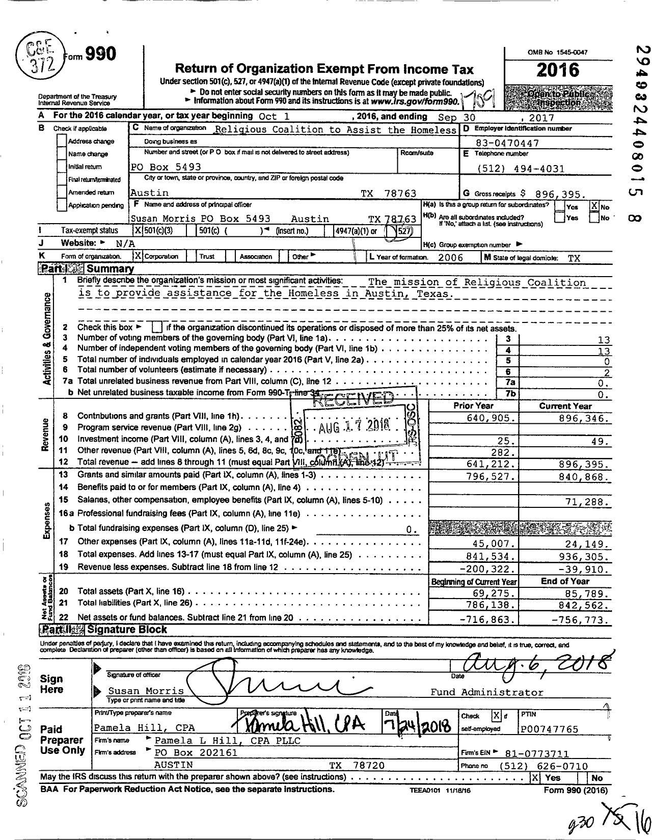 Image of first page of 2016 Form 990 for Religious Coalition to Assist the Homeless (RCAH)
