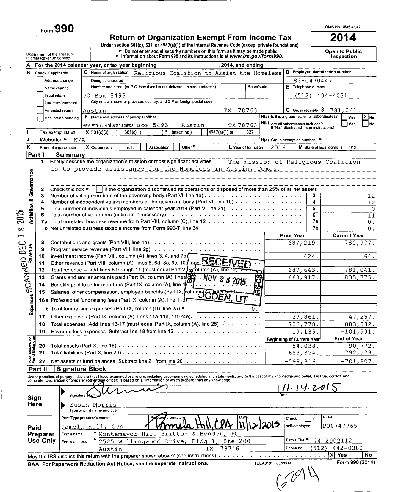 Image of first page of 2014 Form 990 for Religious Coalition to Assist the Homeless (RCAH)