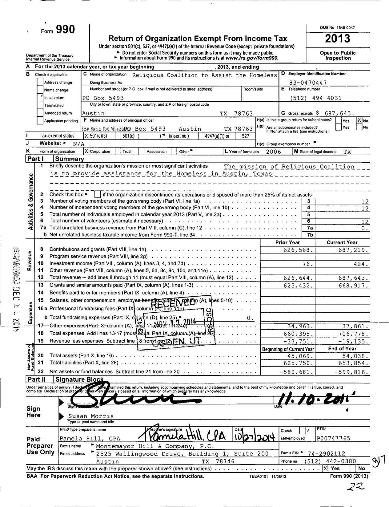Image of first page of 2013 Form 990 for Religious Coalition to Assist the Homeless (RCAH)