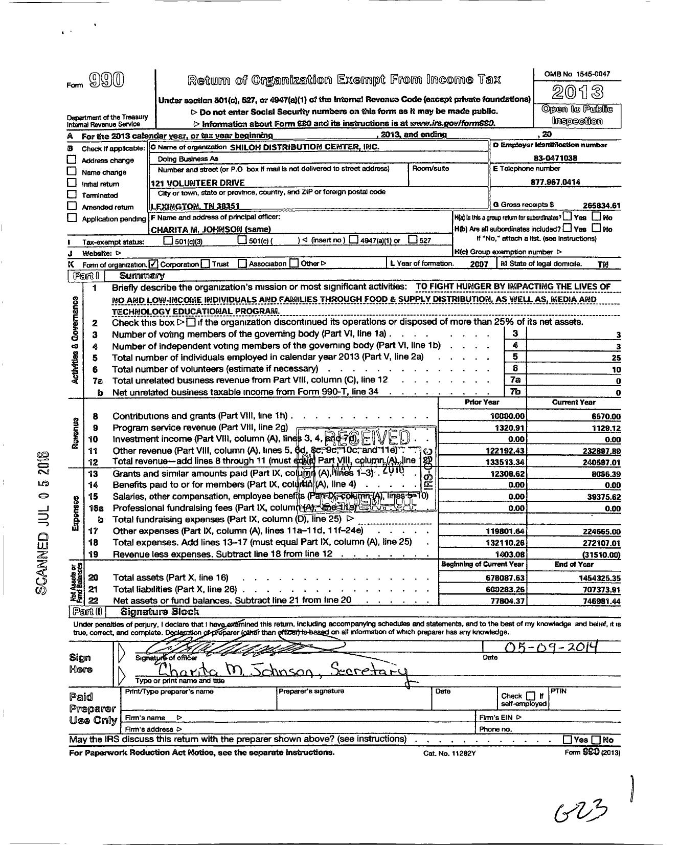 Image of first page of 2013 Form 990O for Shiloh Distribution Center