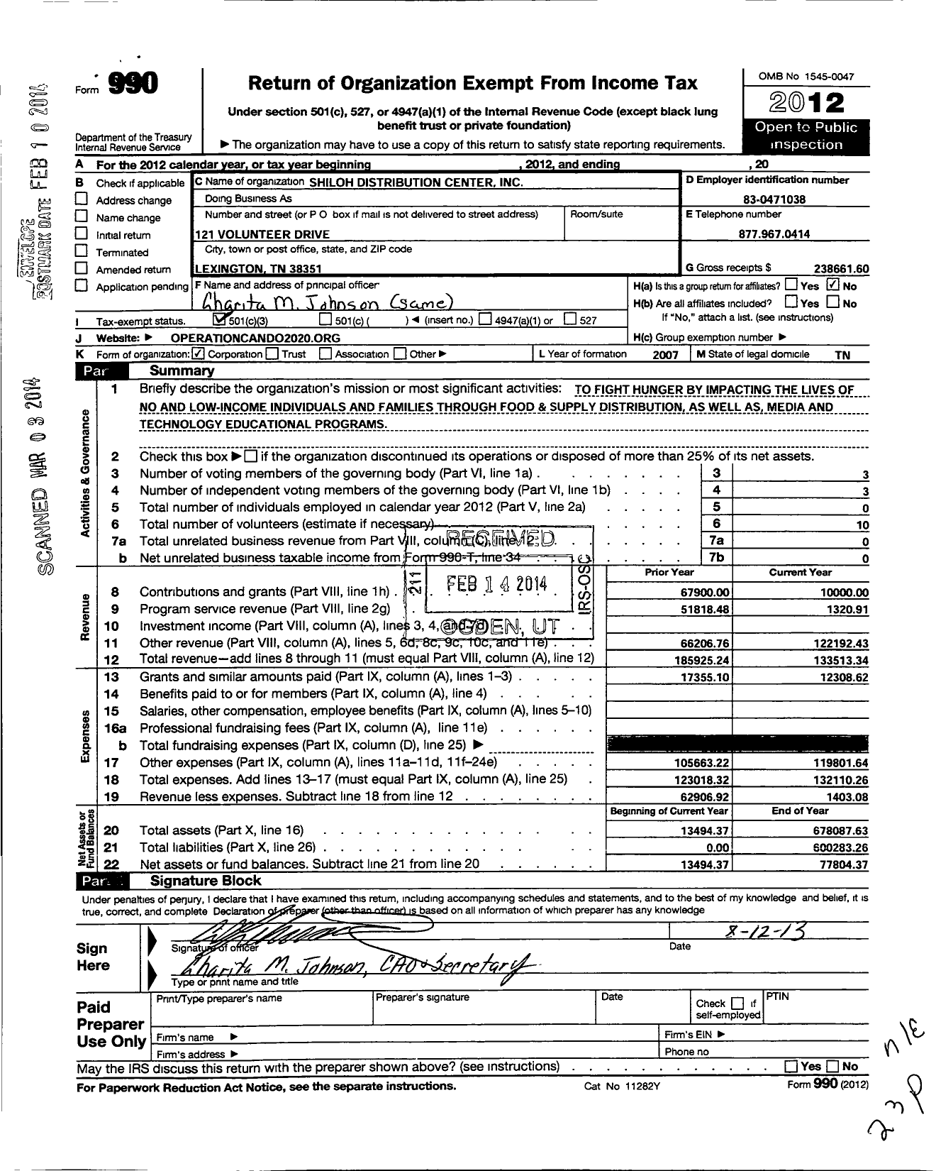 Image of first page of 2012 Form 990 for Shiloh Distribution Center